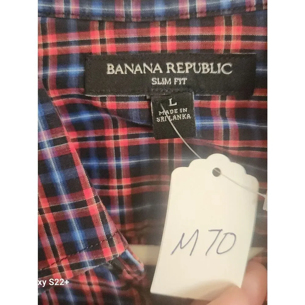 M70 Banana Republic Slim Fit Men's Red & Blue Plaid Western Shirt w Pearly Snaps